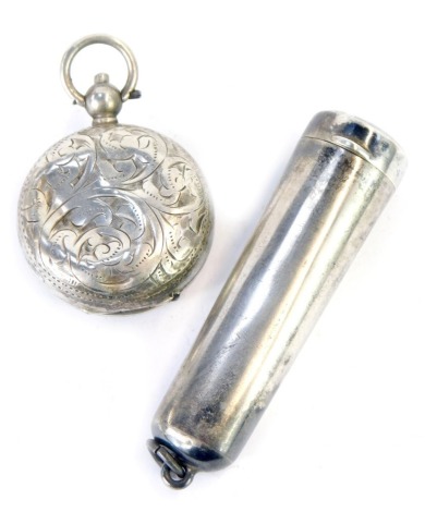 A George V silver sovereign case, with foliate engraved decoration, vacant shield reserve, Birmingham 1913, and an cheroot holder, with a yellow metal mount, in a silver case, Birmingham 1912, 0.78oz. (2)