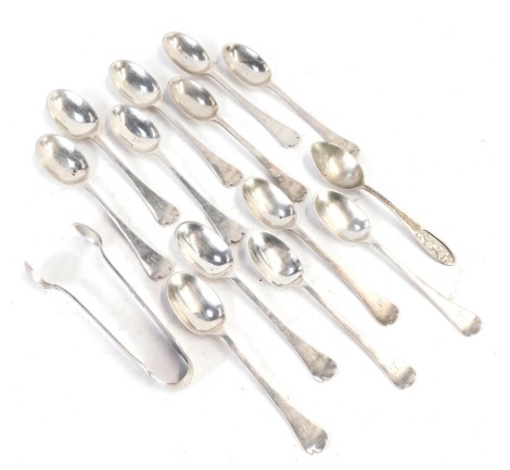 A set of twelve Scottish silver trefoil teaspoons, and pair of sugar tongs, initial engraved, James Weir, Sheffield 1924, and a sterling silver commemorative spoon for The Grand Canyon, 5.80oz.