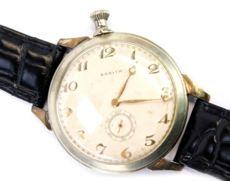 A Zenith gentleman's pocket watch, converted to a wristwatch, circular dial bearing Arabic numerals, subsidiary seconds dial, keyless wind, on a leather strap.