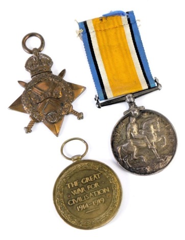 WWI medal trio group, named to Pte JW Blakemore, Leicestershire Regiment, 15578, subsequently 2nd Lieut. JW Blakemore, comprising 1914/15 Star, British War and Victory medals.