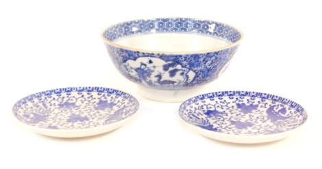 A Qing Dynasty blue and white porcelain bowl, decorated with reserves of lady with a deer and flowers, against a cracked ice and prunus blossom ground, together with a pair of early 20thC Japanese blue and white saucers. (3) Buyer has asked for plates to 