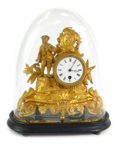 A late 19thC gilt metal mantel clock, circular enamel dial bearing Roman numerals, thirty hour movement, the case of barrel form, flanked by a gallant, raised on a scrolling rococo base, with wooden stand and glass dome cover, with pendulum and key, dome 