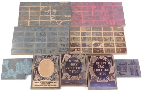 Cartophily. Five metal block plates, for cigarette cards, chiefly ornithological, and three advertising block plates, picture card collectors outfit, etc. (a quantity)