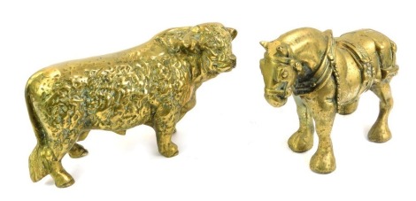 A heavy brass model of a bull, 41cm, and a brass figure of a shire horse, 32cm. (2)