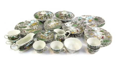 A Myott pottery part dinner and tea service in The Hunter pattern, comprising oval meat platter, pair of vegetable tureens and cover, six dinner, seven dessert and twelve side plates, six soup bowls, sauce boat, cream jug, sugar bowl, six teacups and sauc