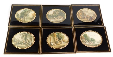 Six 19thC Le Blond prints, pastoral subjects, in verre eglomise frames, 20cm x 26cm.