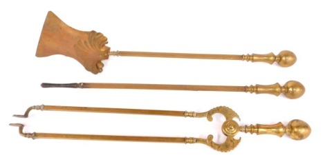 Three Victorian brass fire irons, comprising poker, shovel, and pair of tongs, 69cm high.