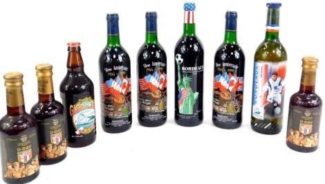 A group of 50th Anniversary of D Day commemorative wines and beers, comprising American Football commemorative bottle of Bordeaux wine, further bottle for France 98, three bottles of George Gale commemorative D Day ale, and a bottle of Bushy's Gibraltar B