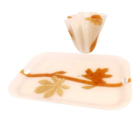 A late 20thC Spisani plastic twin handled tray, decorated with a tree branch and blossom, 74cm wide, together with a frilled plastic tulip vase, similarly decorated, 32cm high. (2)