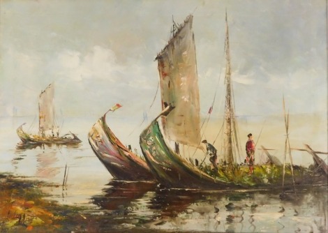 Asian School (20thC). Seascape with fishing vessels, oil on canvas, signed indistinctly, 49cm x 68cm.