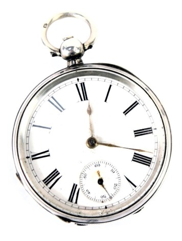 A Victorian gentleman's silver pocket watch, open face, keywind, circular enamel dial bearing Roman numerals, subsidiary seconds dial, movement by The American Watch Company, Waltham Mass., number 2789987, the case with engine turned decoration, vacant sh