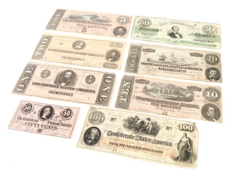 Eight Confederate States of America bank bills, 1862-64, comprising fifty cents, one, two, five, ten, twenty, fifty, and one hundred dollar denominations.