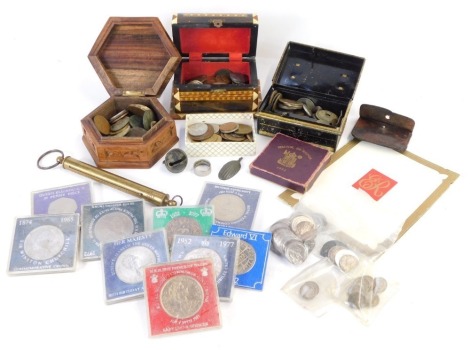 Various coins including crowns, together with Salter brass scales, money box, two treen boxes, etc. (1 case)