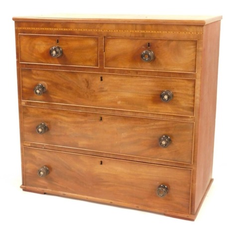 A 19thC mahogany chest, of two short and three long graduated drawers, with later ebonised turned knop handles, lacking feet, 94cm high, 95cm wide, 48cm deep.