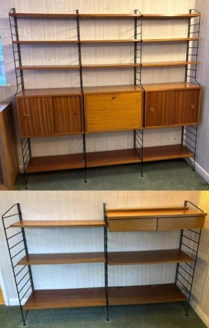 A 1970s Ladderax type wall unit, incorporating three cupboards and with adjustable open shelves, and a two drawer shelf unit.