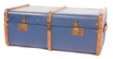 A vintage canvas cabin trunk, brass and bentwood bound with leather handles, 82cm x 50cm x 33cm.