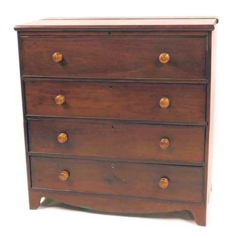 A 19thC mahogany linen chest, of three drawers, the upper compartment with hinged lid and dummy drawer front with turned knop handles, raised on bracket feet with plain apron, 113cm high, 110cm wide, 53cm deep.