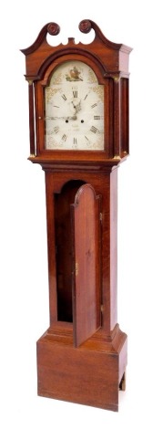 A George III long case clock by John Lamb of Horncastle and Spilsby, with eight day movement, and painted arched dial with Roman and Arabic numerals, and painted gilt spandrels, in an oak case, the hood with broken arch pediment and reeded pillars, plain 