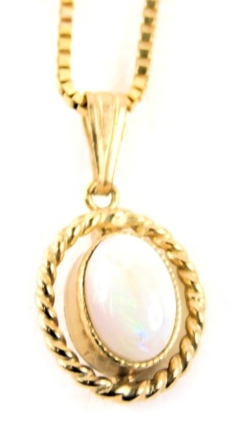 A 9ct gold opal pendant and chain, the oval opal with rope twist border, 1.5cm wide, on a fine link neck chain, 44cm long, 2.6g all in.