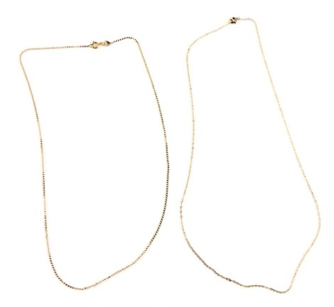 Two 9ct gold fine link neck chains, 44cm and 42cm long, 2.5g. (2)