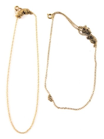 Two fine link 9ct gold neck chains, 2.4g. (AF)