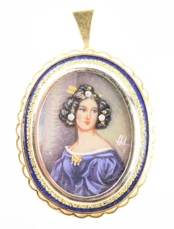 A late 19th/early 20thC portrait pendant/brooch, with a blue enamel outer border and petallated rim, on single pin back with loop, the painted panel decorated with a female figure in blue evening dress, set with three tiny diamonds and signed HIL, yellow 