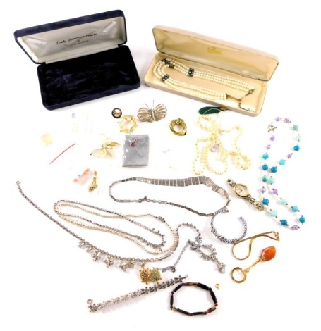 A group of costume jewellery and effects, comprising a Rotary lady's Classic wristwatch, cultured pearl necklaces, marcasite necklace, tiger's eye type necklace, plated bracelet, filigree brooch, etc. (2 boxes)