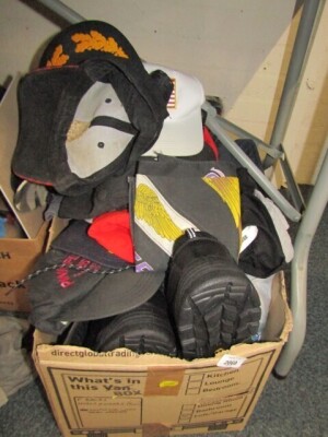 Various clothing, to include baseball caps, a pair of size 46 steel capped shoes, etc. (1 box)