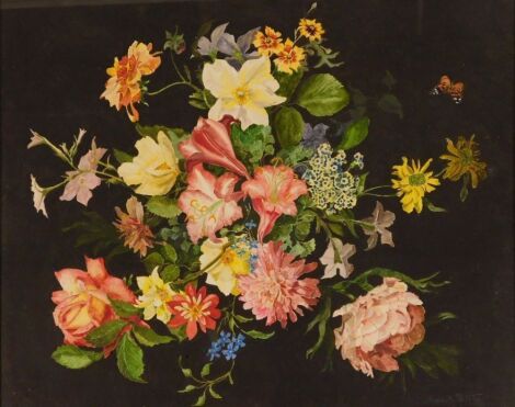 Marie R Partridge (20th/21stC). Floral still life, watercolour on black backing, signed, 50cm x 61cm, framed and glazed.