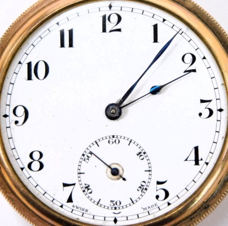 An Admiral gold plated pocket watch, with a white enamel numbered dial, with blue hands and seconds dial, numbered 749278, with vacant crest.