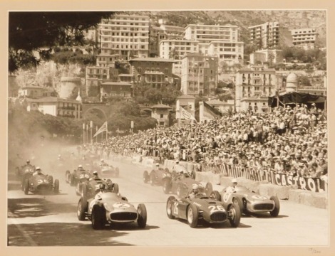 After Mailander (Rodolfo). Start of Monaco Grand Prix 1955, monochrome print, limited edition, 17/200, 27cm x 36cm, framed and glazed.