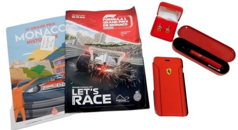 Ferrari collectables, comprising a pair of chrome Ferrari cuff links, Monaco Official Programme for 1972, Monoco 2022 26th-29th May programme, a CG mobile phone flip case, and a cased Ferrari pen. (a quantity)