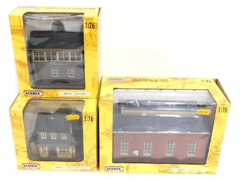 Scenix by Pocketbond OO gauge buildings, comprising EM6001 corner public house, EM6106 signal box, and EM6102 engine shed, boxed. (3)