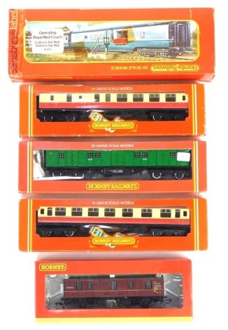 Hornby OO gauge coaches and rolling stock, comprising R6364 CCT utility wagon E94596, R442 composite coach, crimson and cream livery, R443 brake coach, crimson and cream livery, R178 Southern Railways bogie luggage van, malachite green livery, and R401 op