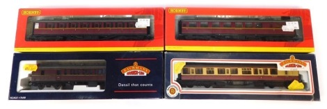 Bachmann Branchline and Hornby OO gauge coaches, comprising 34-627A BR MkI Suburban coach, BR maroon livery, R4262A BR 61ft 6" corridor Third Class coach, E12699E and R4263 BR 61ft 6" buffet car E9127E, boxed. (4)