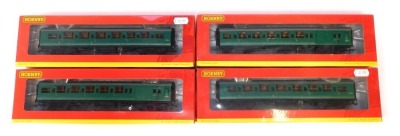 Hornby OO gauge coaches, comprising R4304C BR Maunsell composite coach 5646, R4305B BR Maunsell six compartment brake coach 2797, R4305C BR Maunsell six compartment brake coach 3744, and R4304D BR Maunsell composite coach 5647, boxed. (4)