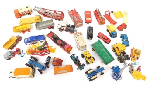 Matchbox, Dinky, Burago and other playworn diecast vehicles, including Dinky Toys ERF fire tender, Matchbox Superkings security truck K19, Matchbox Superkings Dodge van, Matchbox Superkings K9 fire tender, etc. (1 tray)