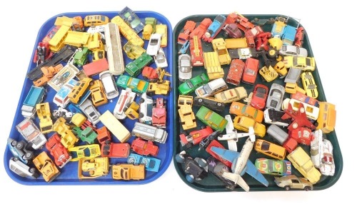 Matchbox and Dinky playworn diecast vehicles, including Dinky Toys Hawker Siddeley 125, Matchbox Cessna 210E, Matchbox SP4 Mirage, Matchbox No J6 Badger, Matchbox Superkings No 72 hovercraft, Matchbox Superkings No 40 horse box, etc. (2 trays)