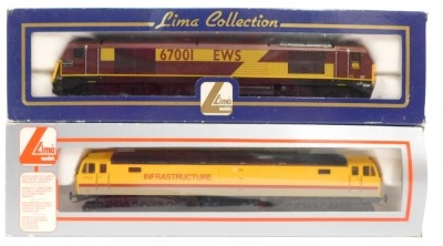 Lima models OO gauge diesel locomotives, comprising Class 47 locomotive 47803, Infrastructure yellow and grey livery with red stripe, and a Class 67 diesel electric locomotive, Night Mail, 67001, EWS livery, boxed. (2)