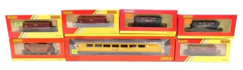 Hornby OO gauge rolling stock, including R4637 TGS MkIII coach Network Rail 977994, R6372 LWB open wagon, etc., boxed. (7)