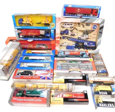 Cararama, Saico and other diecast vehicles and sets, including Tesco Large Industrial Series skip lorry, Cararama Metropolitan Police set, Coca-Cola holiday caravan, Asda Turbo Lorries May Fresh Dairy, Asda Turbo Lorries Road Burner, Maisto Indian Motorcy