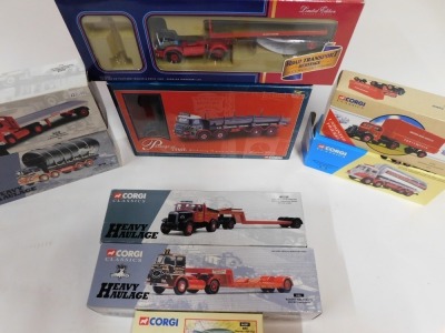 Corgi diecast vehicles, including Corgi Classics Heavy Haulage Hallett Silverman Scammell Highwayman ballast and low loader, Robert Walker Limited EFT KV low loader, Corgi Classics Knowles Transport Foden S21 platform lorry with diesel tank load, Corgi Gu - 2