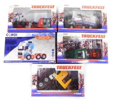 Corgi Hauliers of Renown and Truckfest diecast 1:50 scale tractor units, comprising Volvo FH Maxwell Freight Liberator, Scania R Series Garn Transport Limited, ERF ECT Ian Wright Transport, Scania T Cab CE Fuller & Sons, and Mercedes Benz Actros Megaspac