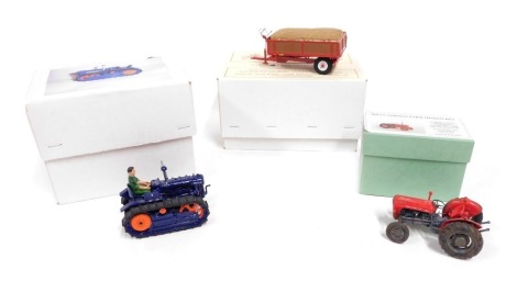 White metal and resin tractors, comprising David Brown Crop Master, three tonne petit trailer, and a standard P6 crawler, boxed. (3)