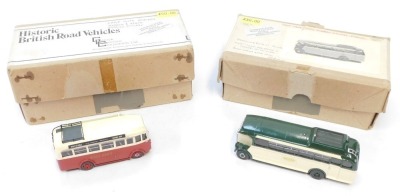 Garrick Leisure Consultants Limited and Pirate Models hand painted and hand finished buses, white metal, comprising a 1934 Dennis Ace Forward Control ECW, and a Dennis Lancer J3, Maidstone and District livery, boxed. (2)