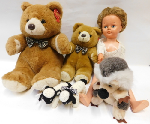 Teddy bears and a doll, including two knitted sheep, two Teddy bears, hedgehog and a cellulose doll. (6)