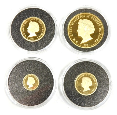 A Harrington and Byrne Tristan Da Cunha Elizabeth II 2021 four gold coin collection set, Double Laurel, 16g, Laurel, 8g, Half Laurel, 4g, Quarter Laurel, 2g, cased.