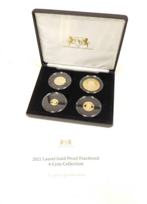 A Harrington and Byrne Tristan Da Cunha Elizabeth II 2021 four gold coin collection set, Double Laurel, 16g, Laurel, 8g, Half Laurel, 4g, Quarter Laurel, 2g, cased. - 2