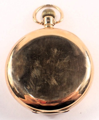 A 9ct gold half hunter Waltham pocket watch, the outer case with black enamel Roman numeric border, opening to reveal a white enamel with silvered hands, seconds dial with blue hand and bezel wind, stamped ALD, Birmingham 1924, 95.7g all in. - 6