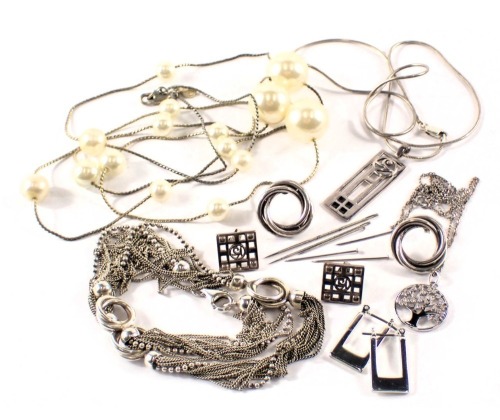 A group of silver and other costume jewellery, comprising a pair of circular stud earrings white metal stamped 925, hoop earrings, tree of life pendant white metal stamped 925, and others, 53.2g all in, and a costume jewellery imitation pearl necklace. (a